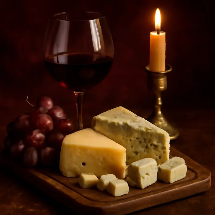 Wine and cheese service with burgundy velvet decor